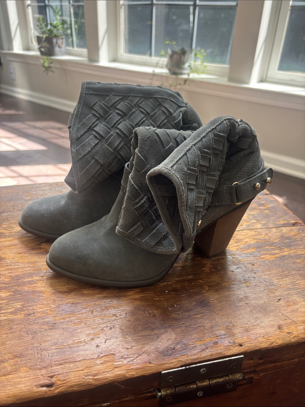Fold-Over Suede Ankle Booties in Gray
